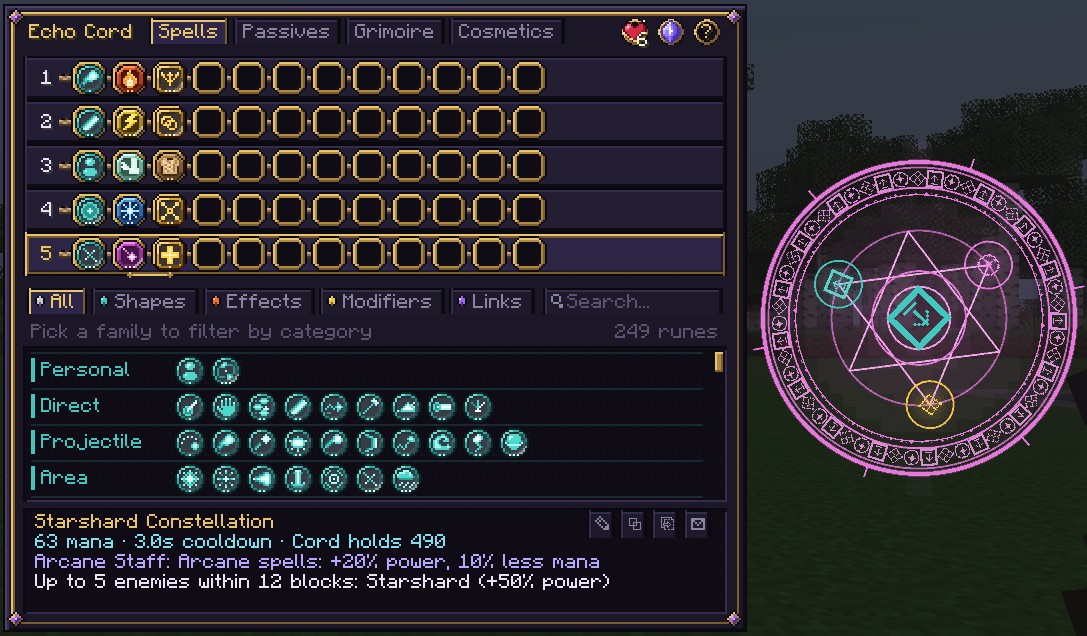 The Cord screen of an Echo Cord: the header with page tabs and badges, five spell rows, family tabs and a search box, the Codex, and the readout; the selected spell's magic circle is open beside the window