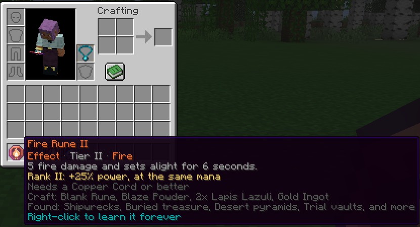 The inventory with an Echo Cord in the Cord slot above the offhand slot, and a Fire rune's tooltip showing its family, tier, element, description, recipe and where it's found