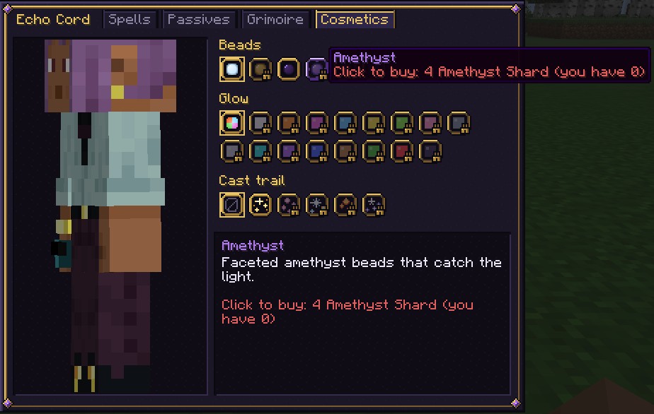 The Cosmetics page: a turning figure wearing the Cord on the left; Beads, Glow and Cast trail choices on the right