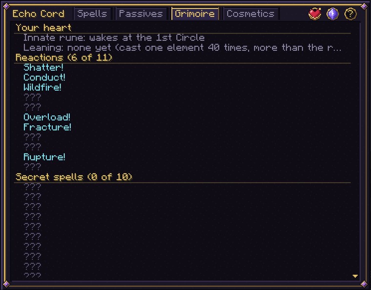 The Grimoire page: your heart with innate rune and leaning, reactions found, and the secret spells as question marks