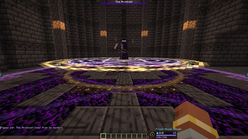 The Archive's domed arena, its floor inlaid with a glowing magic circle, the Archivist rising over the lectern at its centre under a purple boss bar