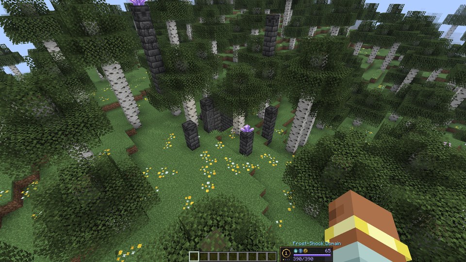 A ring of broken deepslate-brick pillars in a birch forest clearing, two topped with amethyst clusters, around a stairway going down