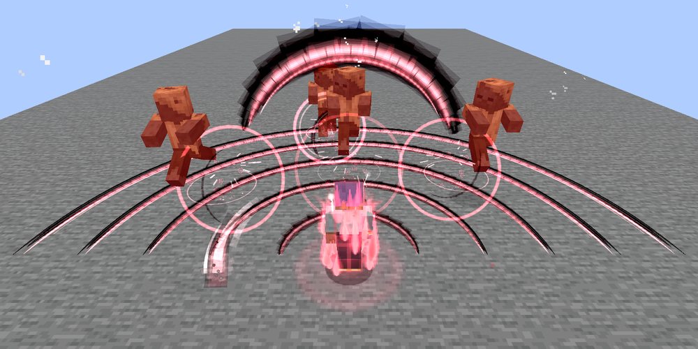 Seen from behind a player wreathed in red light: a great crescent of blood-red light standing over four husks ahead, crescents of red rolling out low over the stone, rings of red round each husk