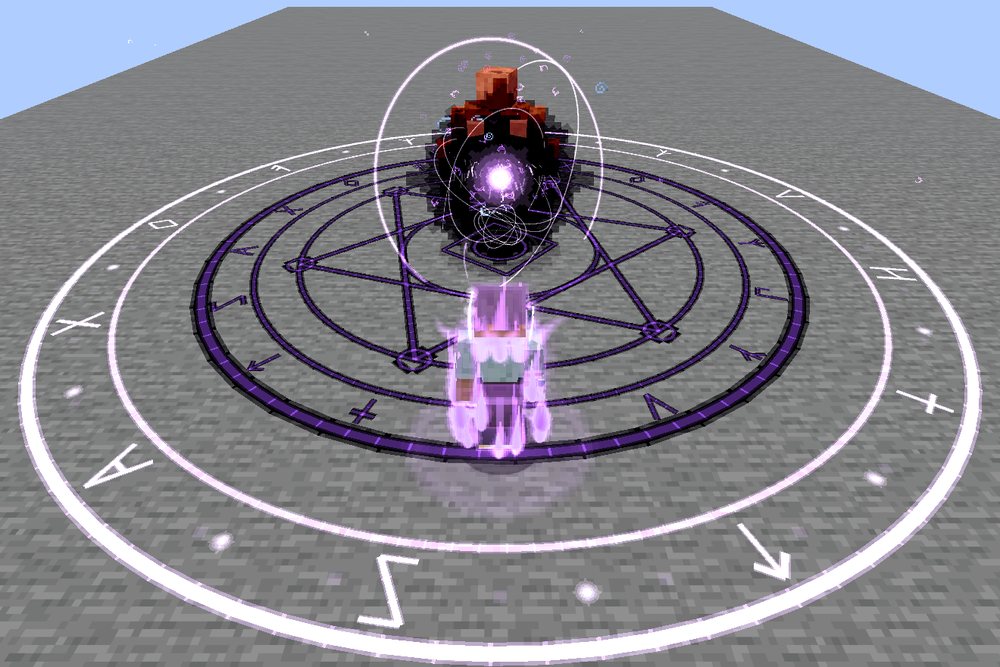 Seen from behind a player wreathed in violet light: a black sphere hanging over the stone ahead, a bright violet core inside it and rings of light tilted round it, a dark magic circle on the ground beneath, a husk caught against it