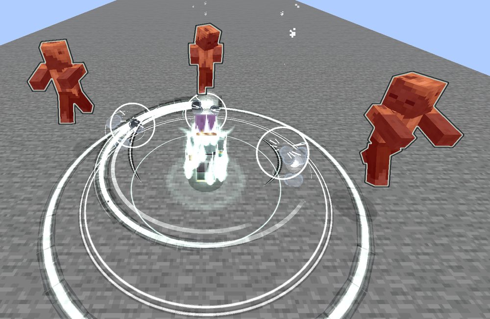 Seen from above and behind a player wreathed in mint-green light: rings of wind racing out over the stone round them, white whorls round them, three husks thrown outward