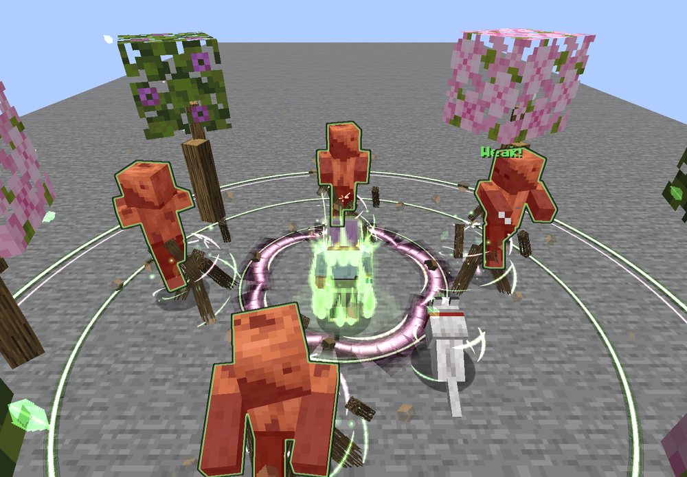 Seen from above and behind a player wreathed in green light: a ring of young trees, cherry pink and flowering green, standing round a stone platform, roots twisting up round four husks, rings of green light on the ground and a tamed wolf beside the player