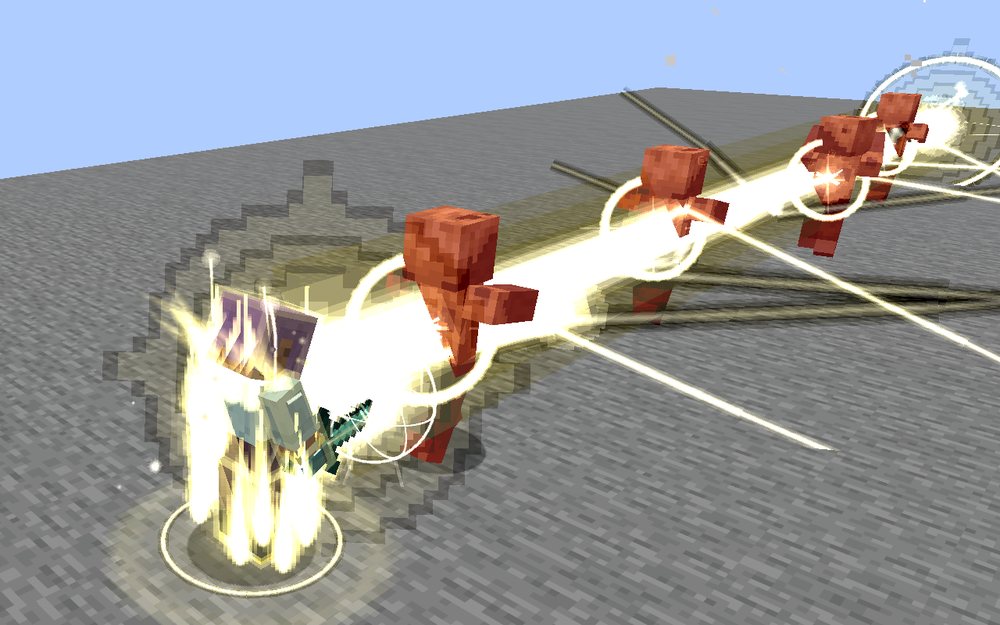 From above and to one side: a player wreathed in yellow light thrusting a sword, a broad white-hot lance of lightning running from the blade through four husks in a line, rings of light round each and bolts striking down on them