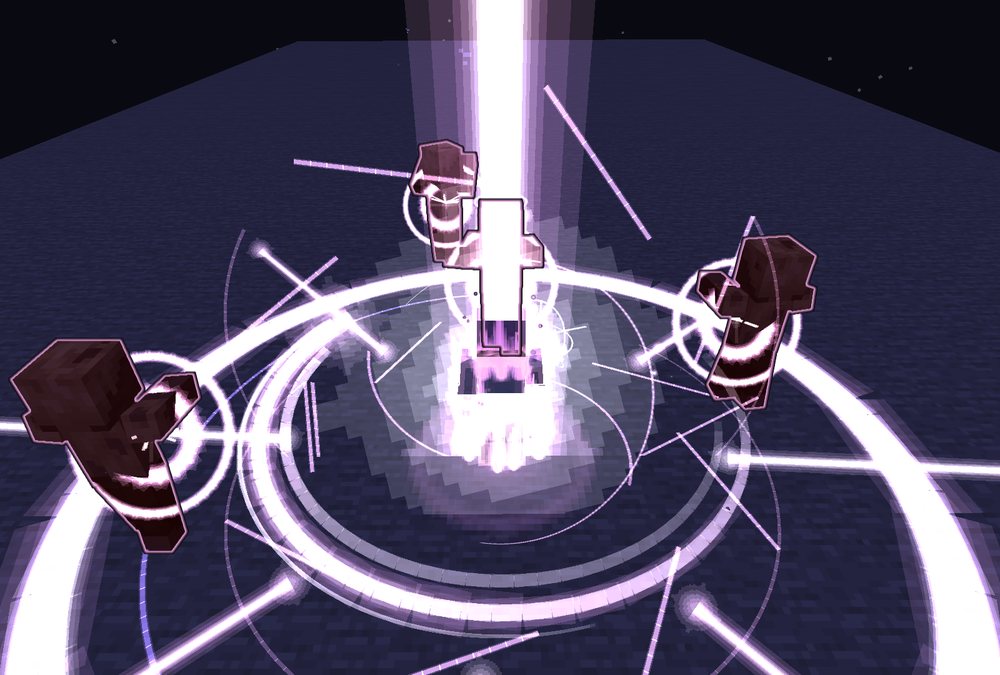At night, from above: a column of white light rising from a player, a ring of pink-white starlight bursting out over the stone, rays of light running out low across the ground and three husks thrown back with stars over their heads