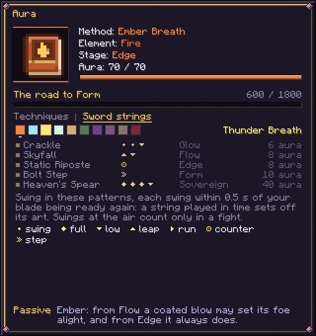 The Aura page's Sword strings tab of an Ember swordsman, the yellow swatch chosen in the row of ten: Thunder Breath's five arts, Crackle to Heaven's Spear, each with its string in small marks, the stage that opens it and its price