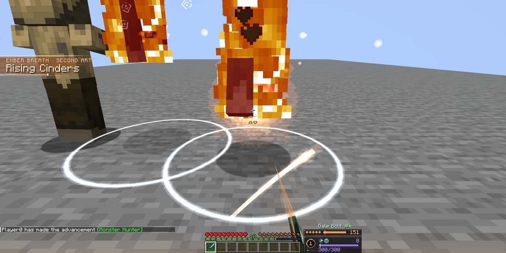 First-person view: two husks thrown up in front, wrapped in flame, white rings on the ground where they stood, a thin orange trail low at the right, the banner Ember Breath, Second Art: Rising Cinders at the left edge