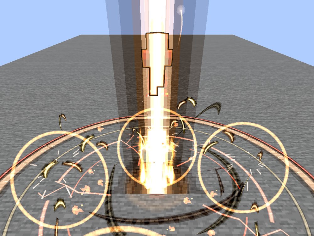 A column of sunlight driven down onto a stone platform, rings of orange light and fire racing out over the ground round it, curls of flame flying, a husk thrown high in the light