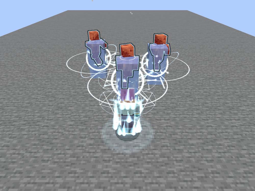 Seen from behind a player wreathed in pale blue light: three husks ahead encased in ice, white rings and a frost seal spreading over the stone round them
