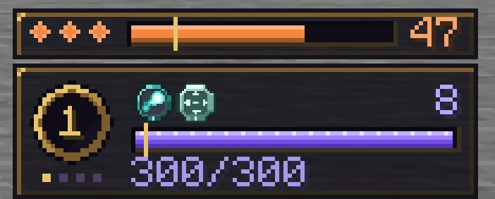 The aura bar on top of the spell panel: three stage diamonds, a bar in the aura's colour with a gold mark, and the number 47