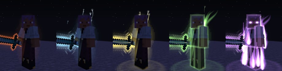 Five views of a player at night, each with a different aura: a faint orange shimmer, pale blue wisps, a yellow haze, green ribbons streaming off the shoulders, and violet flames with burning eyes