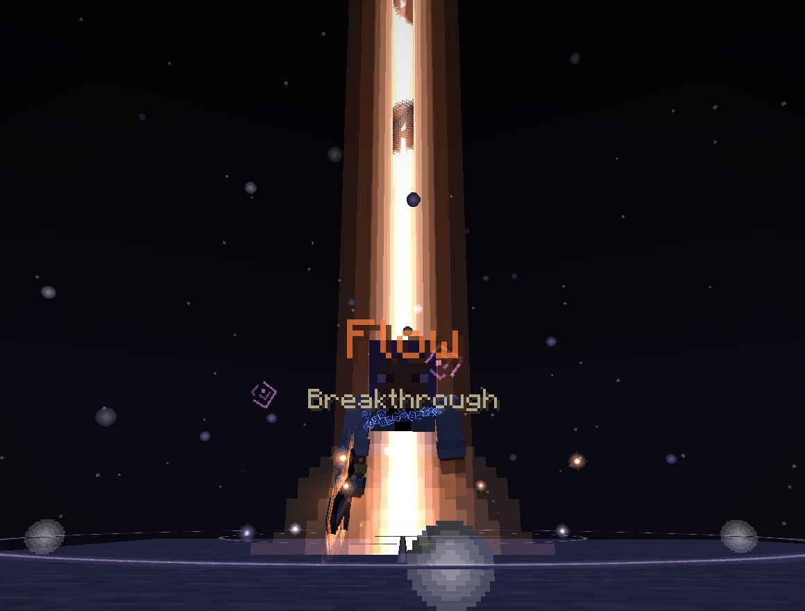 A burst of orange light round a player standing on stone: rings racing over the ground and a column of light