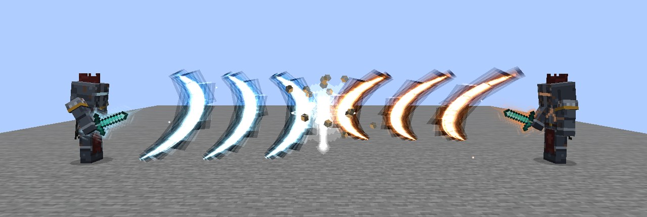 Two armoured knights facing each other across a stone platform, an orange and a pale blue crescent of aura meeting between them in a white flash