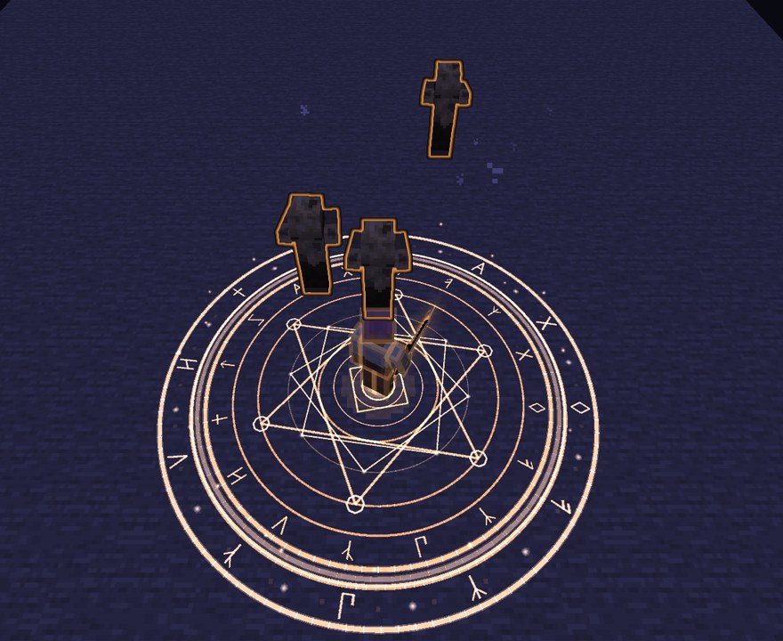 Seen from above at night: a wide orange magic circle on a stone platform round a player, husks standing inside it