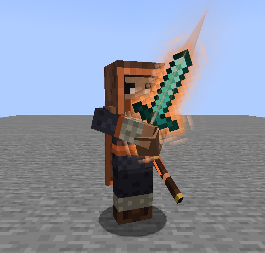 A hooded duelist holding a sword wreathed in orange aura across its body in guard