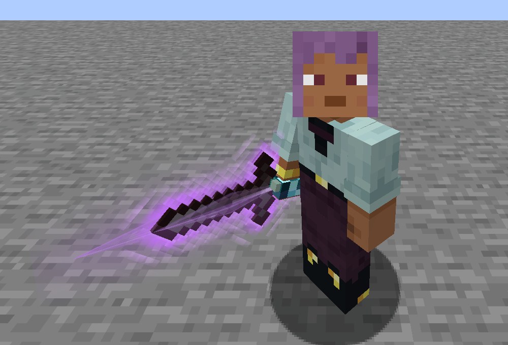 A player holding a netherite sword wrapped in a violet haze, a translucent crystal blade of the same colour reaching past its point