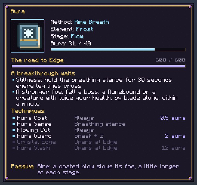 The Aura page: a Rime Breath manual's cover, Method, Element, Stage and Aura lines, the road to Edge with a breakthrough waiting and its two trials, and the list of techniques