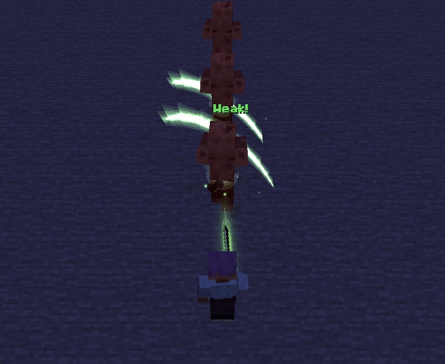 A crescent of green aura flying away from a player toward a line of husks