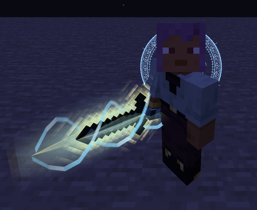 A player at night holding a diamond sword with a yellow crystal blade of aura, pale blue coils of light winding up and round it