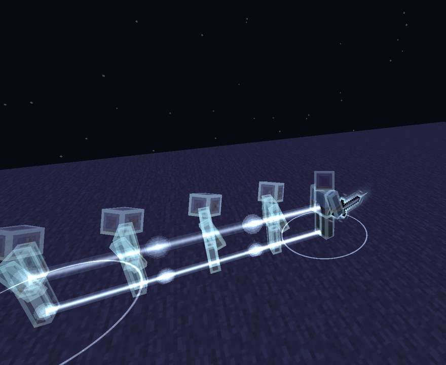 A player at night a few blocks down a stone platform, a row of fading cyan afterimages of them behind, and streaks of light along the way they came