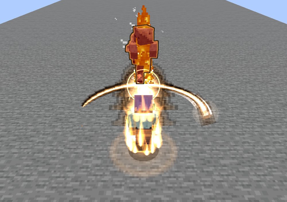 Seen from above and behind: a player wreathed in orange light, an arc of flame cut low in front of them, a burning husk ahead with a ring of light round it