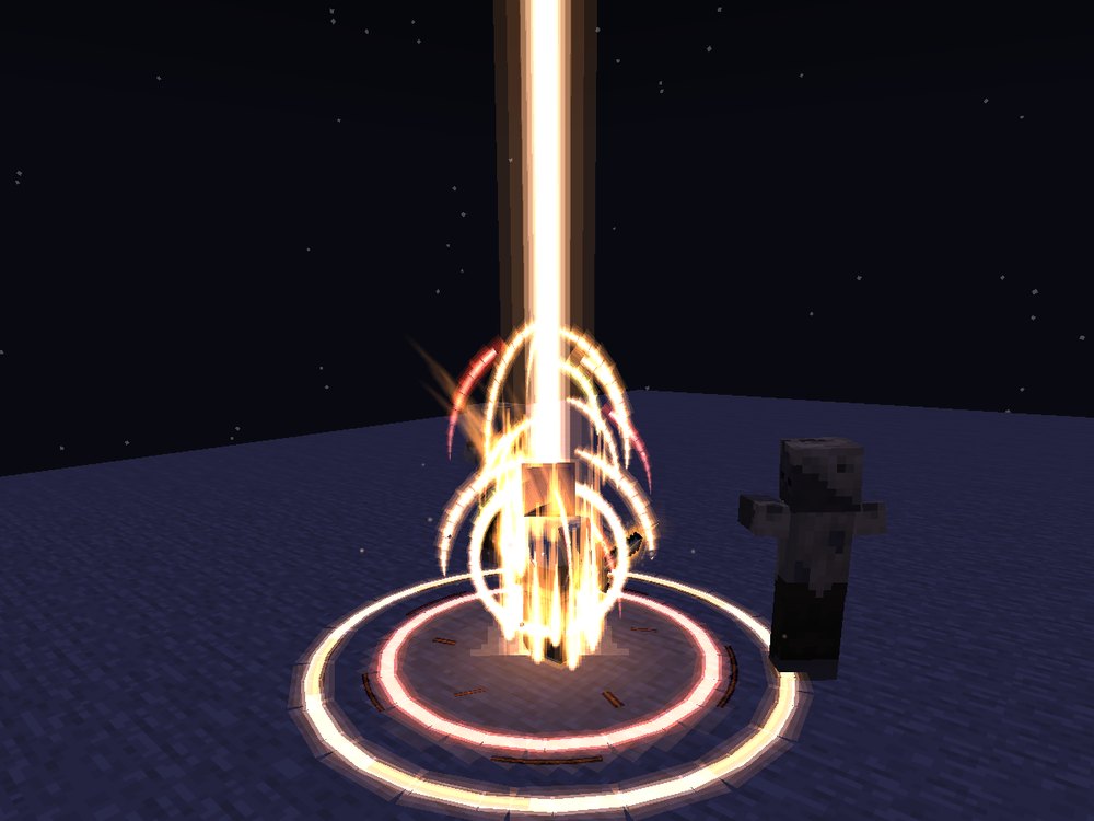 At night, seen from behind and to the side: a swordsman at the heart of a burst of orange light, a column of light rising out of them into the sky, crescents of flame round them and rings racing out over the stone