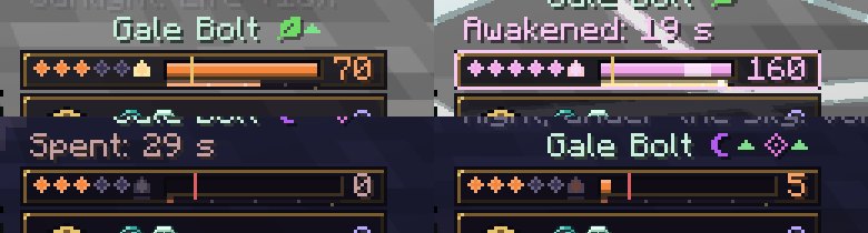 Four views of the aura bar: a pale flame after the stage diamonds when ready; the bar edged in pink with Awakened: 19 s above it; the bar empty and grey with Spent: 29 s above it; and the flame dark with a thin thread under it while it rests