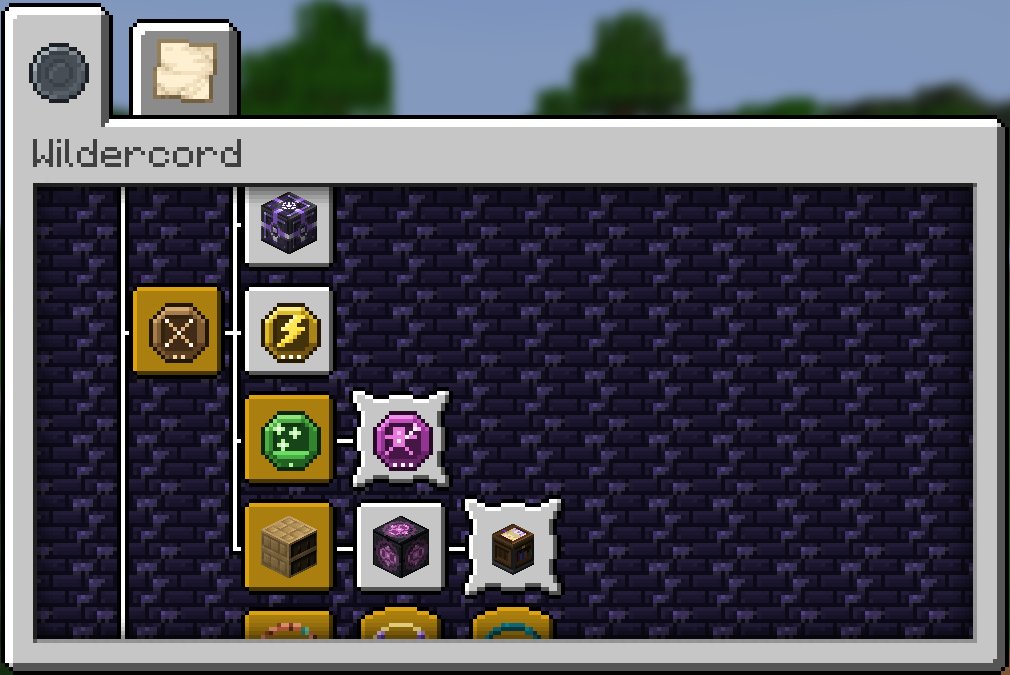 The Wildercord advancement tab, on dark indigo stone bricks, with rune-shaped icons in branching rows