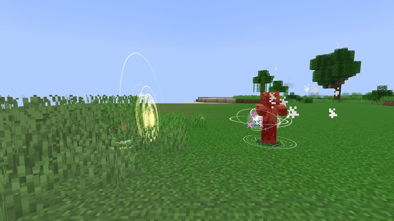 Gold magic circles flare in the grass as a turned bolt strikes the husk that cast it