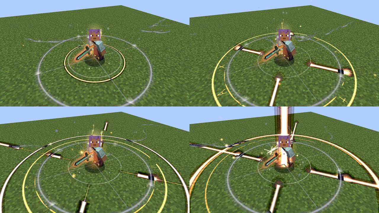 The bond ceremony at a ley crossing seen from in front: a player kneeling with a diamond sword, motes of orange light rising from the ground into the blade; then the two ley lines lit across the grass running in to them under a turning ring; then a ring of light closing in; then a column of light rising from them as the bond is sealed