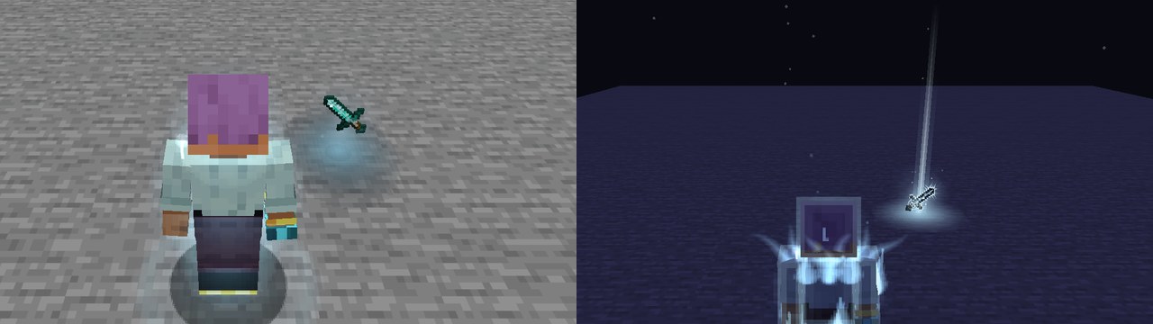 A bonded blade lying on stone in a pool of its own light by day, and a Soulforged blade lying in the dark at night with a thin column of light rising from it
