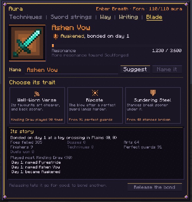 The Aura page's Blade tab: a diamond sword large in a frame of orange light, its name and Awakened tier, a resonance bar, a name line with Suggest and Name it buttons, three trait cards to choose from (Well-Worn Verse, Riposte and Sundering Steel, each saying why it's offered), its story in an inset, and a Release the bond button