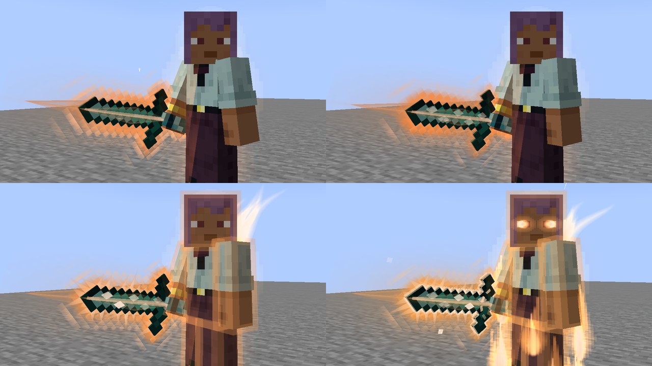 Four views of a player holding a glowing diamond sword: a thin vein of light down the blade; a row of bright marks running up it; tongues of aura licking off its edges; and its whole edge burning white-hot inside a soft corona, the swordsman's aura blazing round them