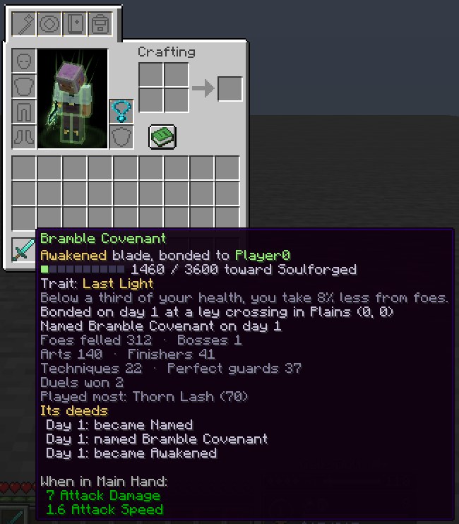 A bonded blade's tooltip in the inventory: its name in green, Awakened blade, bonded to the player, a bar of resonance toward Soulforged, its trait Last Light and what it does, then its story: bonded on a day at a ley crossing, its deeds counted and its notable deeds by day