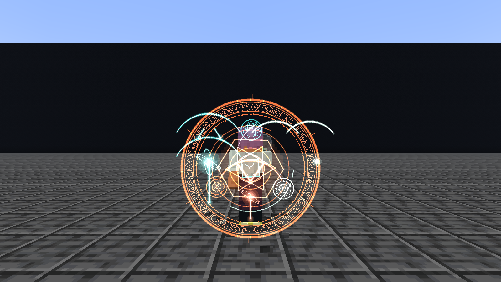 Fire and wind trace an authored casting circle around the player.
