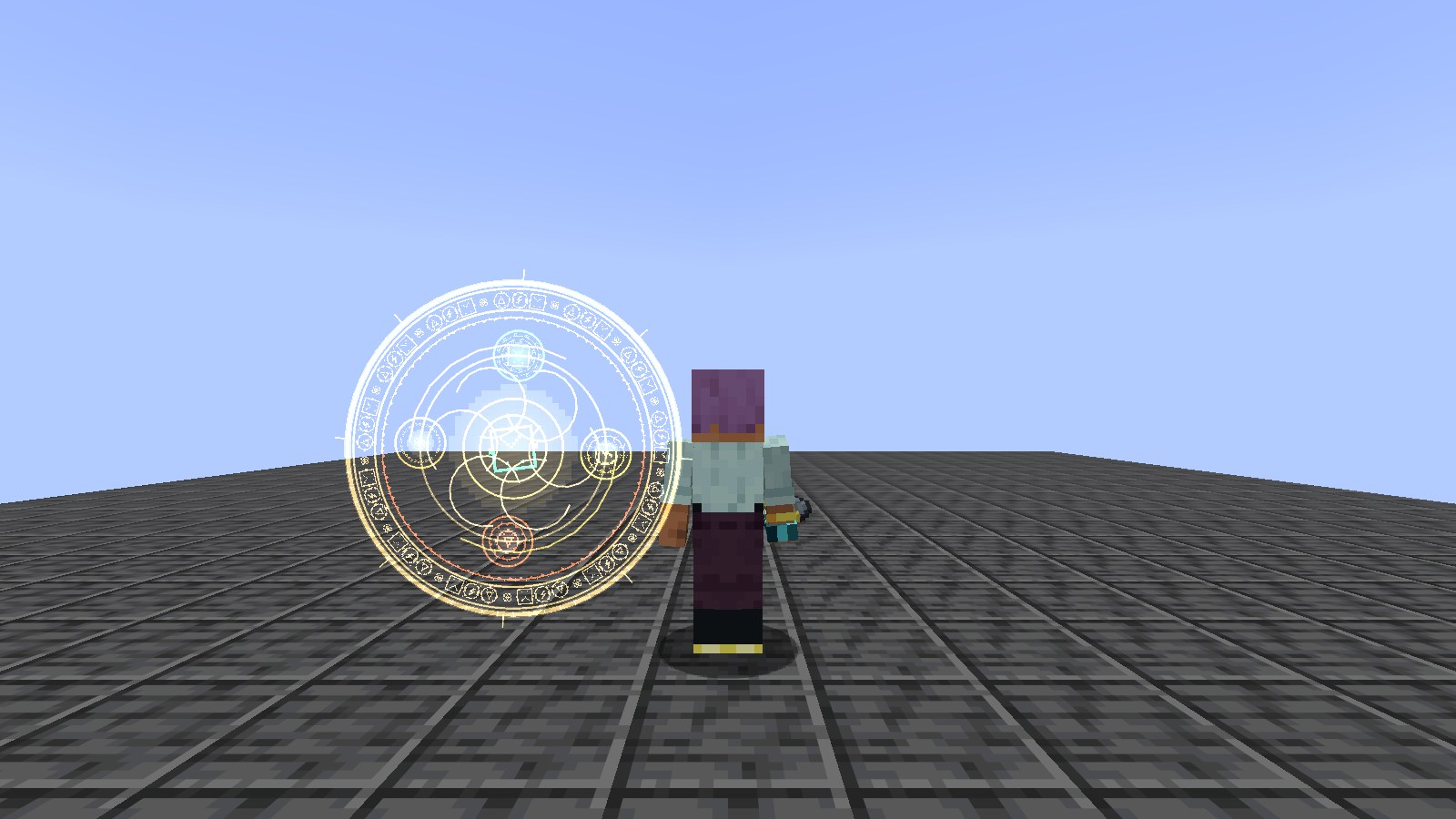 A player with raised hands charging a spell, its magic circle behind the shoulders