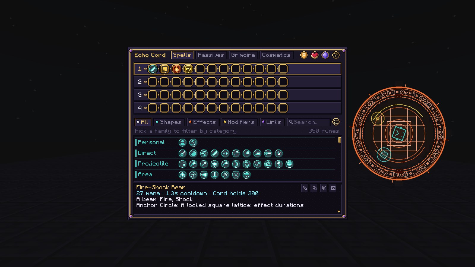 The Cord editor with a custom spell and animated circle preview.