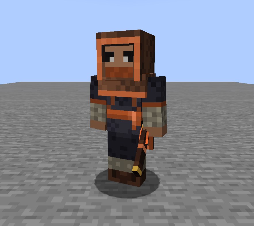 A wandering duelist in a hooded travelling cloak trimmed in orange, a cloth mask over its mouth and a scabbard slung at its hip