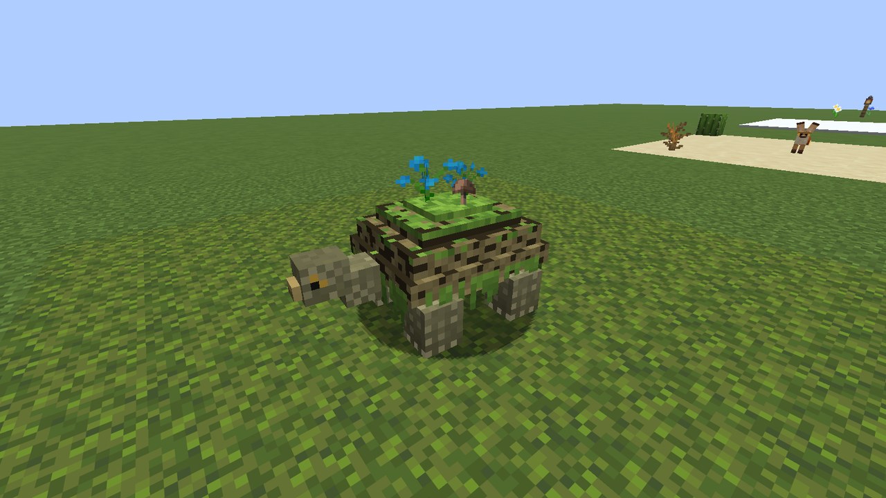 A huge tortoise with a domed, moss-covered shell, blue orchids and a brown mushroom growing on top