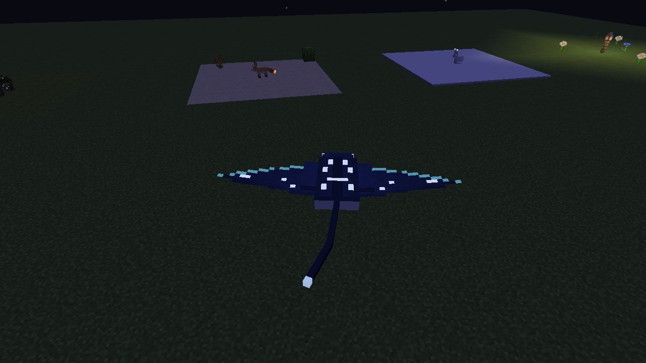 A great manta-shaped creature seen from above at night, deep blue, its wings spread wide and spotted with glowing stars