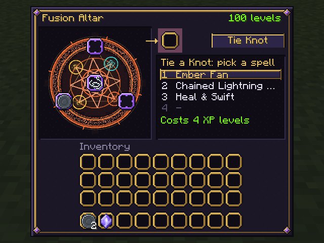 The Fusion Altar screen with a Blank Rune and string on it; the panel lists spells 1 Ember Fan, 2 Chained Lightning, 3 Heal and Swift, 4 empty, and says costs 4 XP levels