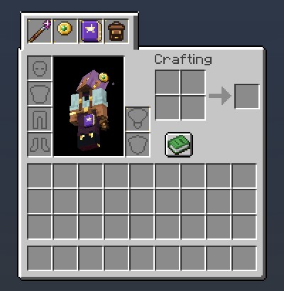 The survival inventory with a tray on top holding a staff, a focus, the tome and, in the fourth slot, a backpack