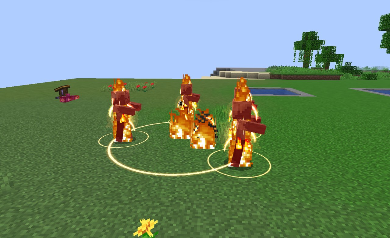 Three burning zombies on the grass, ringed by golden circles of light where several casters' spells braided together