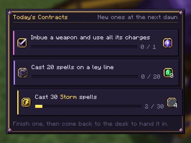 The contract board titled Today's Contracts, New ones at the next dawn: Imbue a weapon and use all its charges (0 of 1), Cast 20 spells on a ley line (0 of 20), Cast 30 Storm spells (2 of 30), each with its reward icon