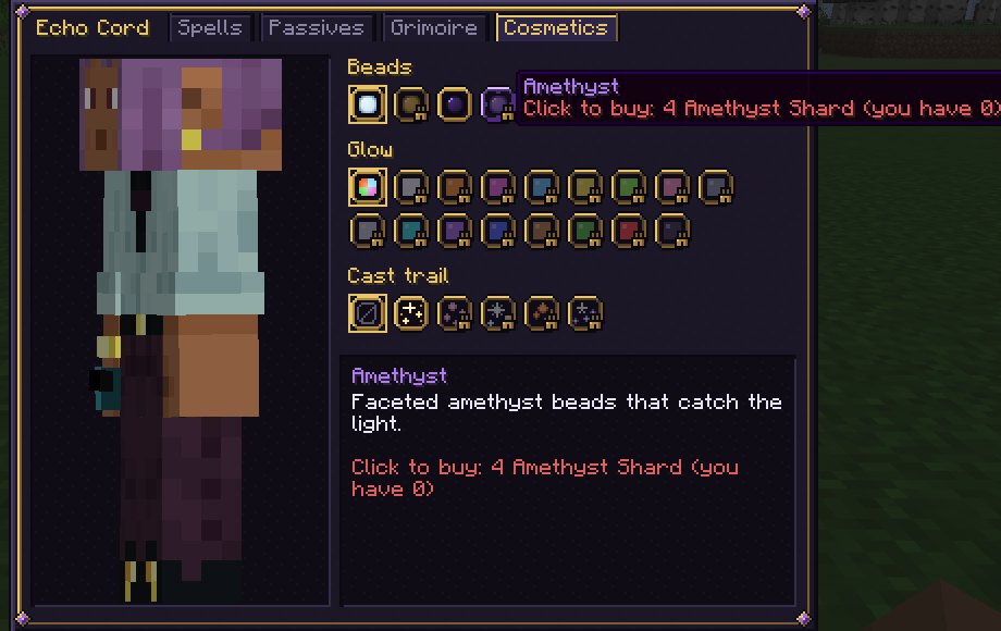 The Cosmetics page: a turning figure of the player on the left; rows of Beads, Glow and Cast trail options on the right; below, Amethyst: faceted amethyst beads that catch the light, click to buy: 4 Amethyst Shard