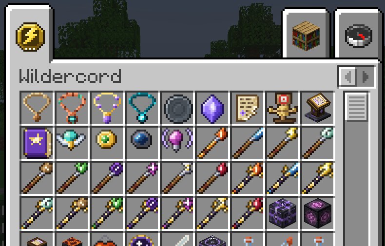 The Wildercord tab of the creative menu: four Cords, a Blank Rune, a Mana Crystal, a Torn Page, a Training Dummy, a Scribing Desk, the Tome of the Fifth Page, four foci, twenty staffs and several blocks