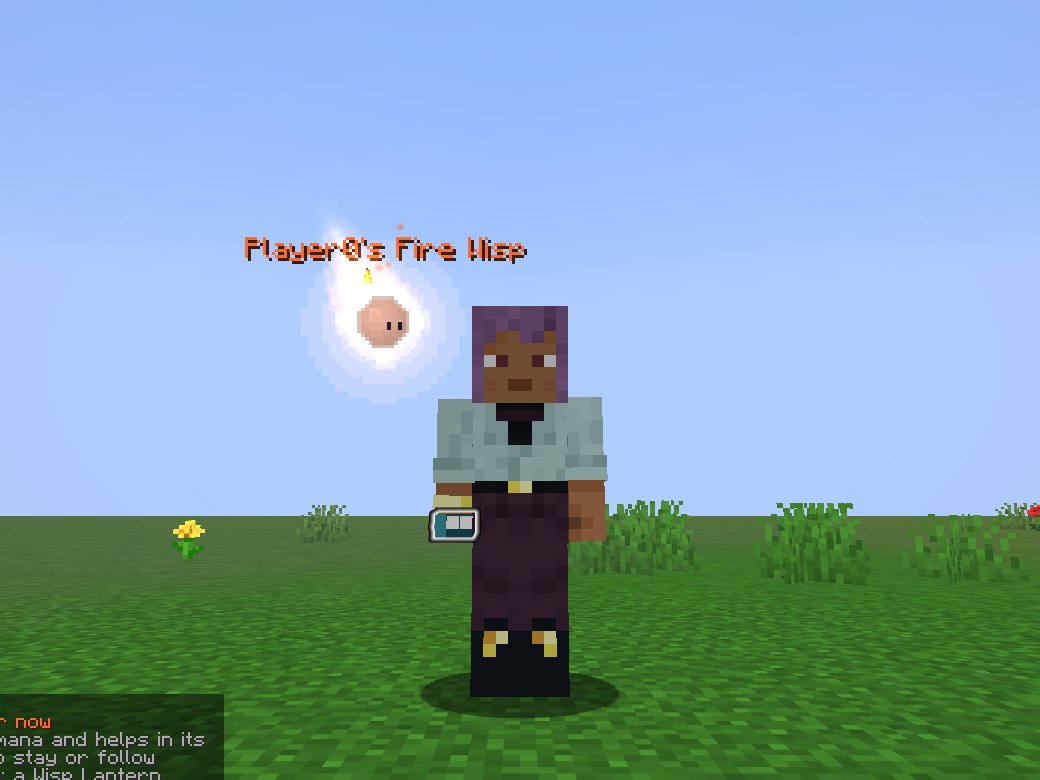 A player in daylight with a small glowing Fire Wisp floating above their right shoulder, its nameplate reading Player0's Fire Wisp